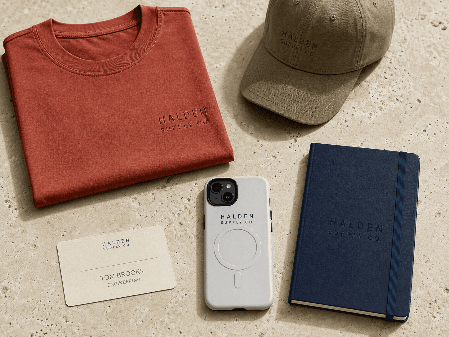 New hire welcome kit — branded tee, cap, notebook, phone case and business cards laid flat