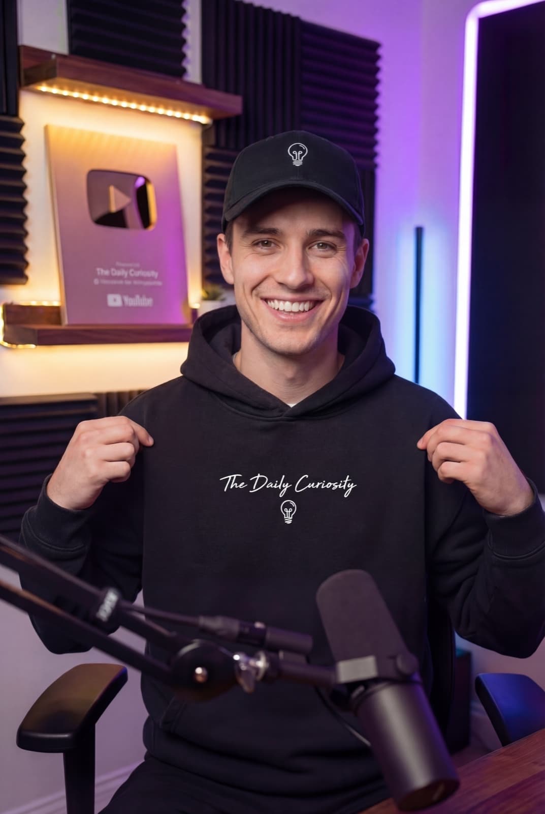 Creator holding their branded FLYP merch hoodie — sell from inside every YouTube video