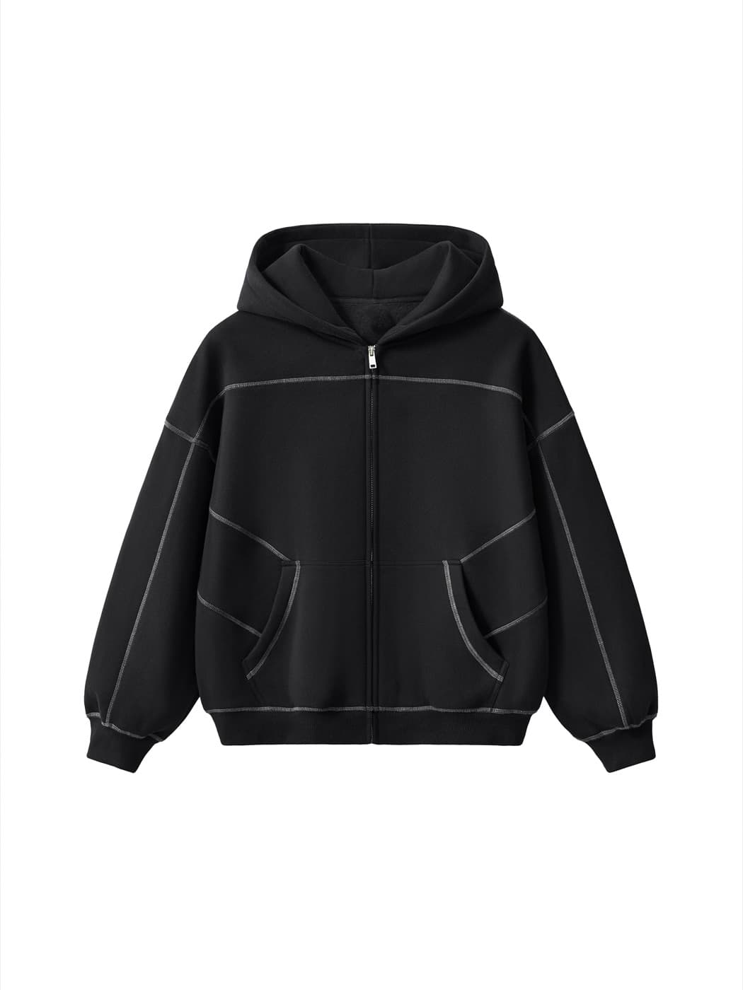 Contrast-stitch boxy fleece hoodie