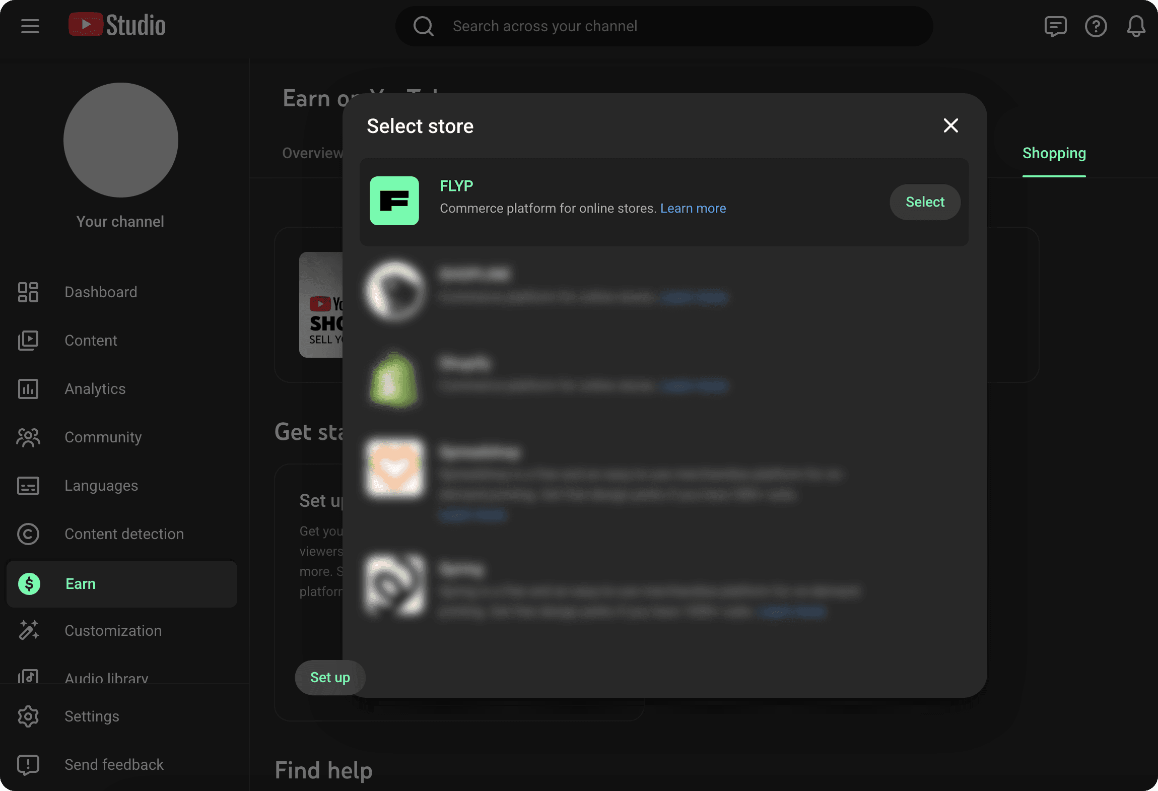 FLYP listed inside YouTube Studio — Earn → Shopping → Select FLYP