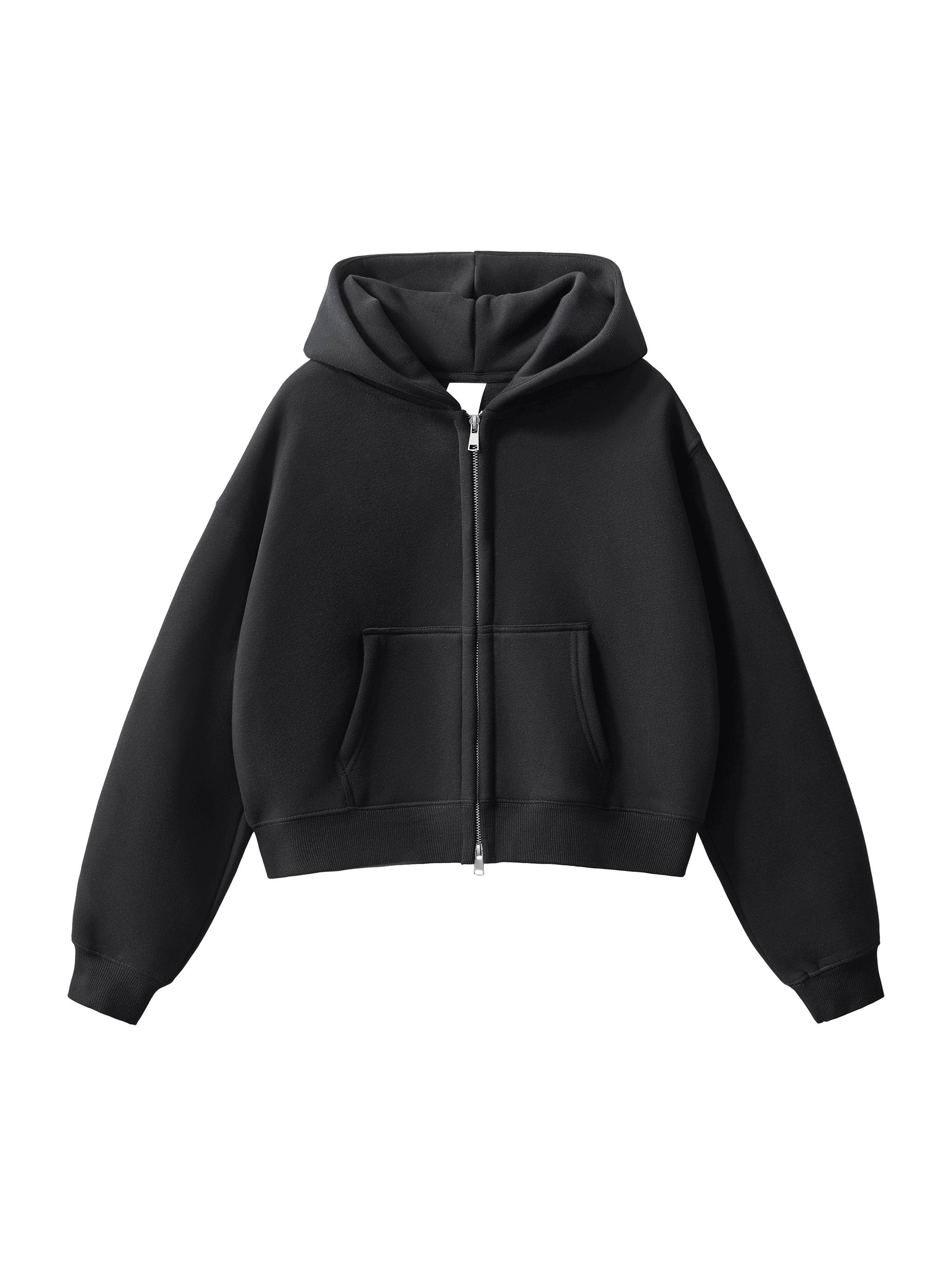 Fleeced Zip-Up Cropped Hoodie — Black