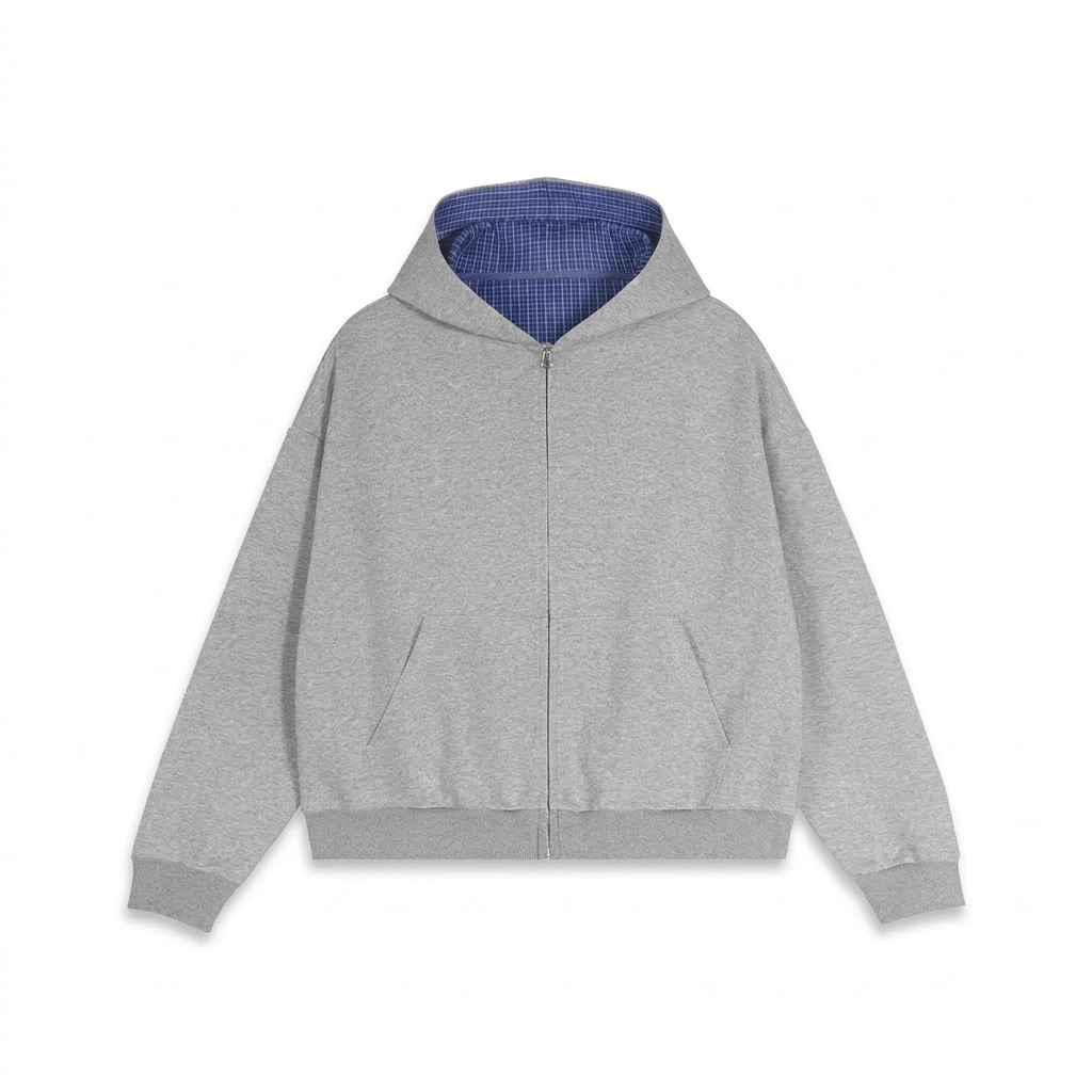 Contrast Plaid Boxy Zip Hoodie — hero product shot