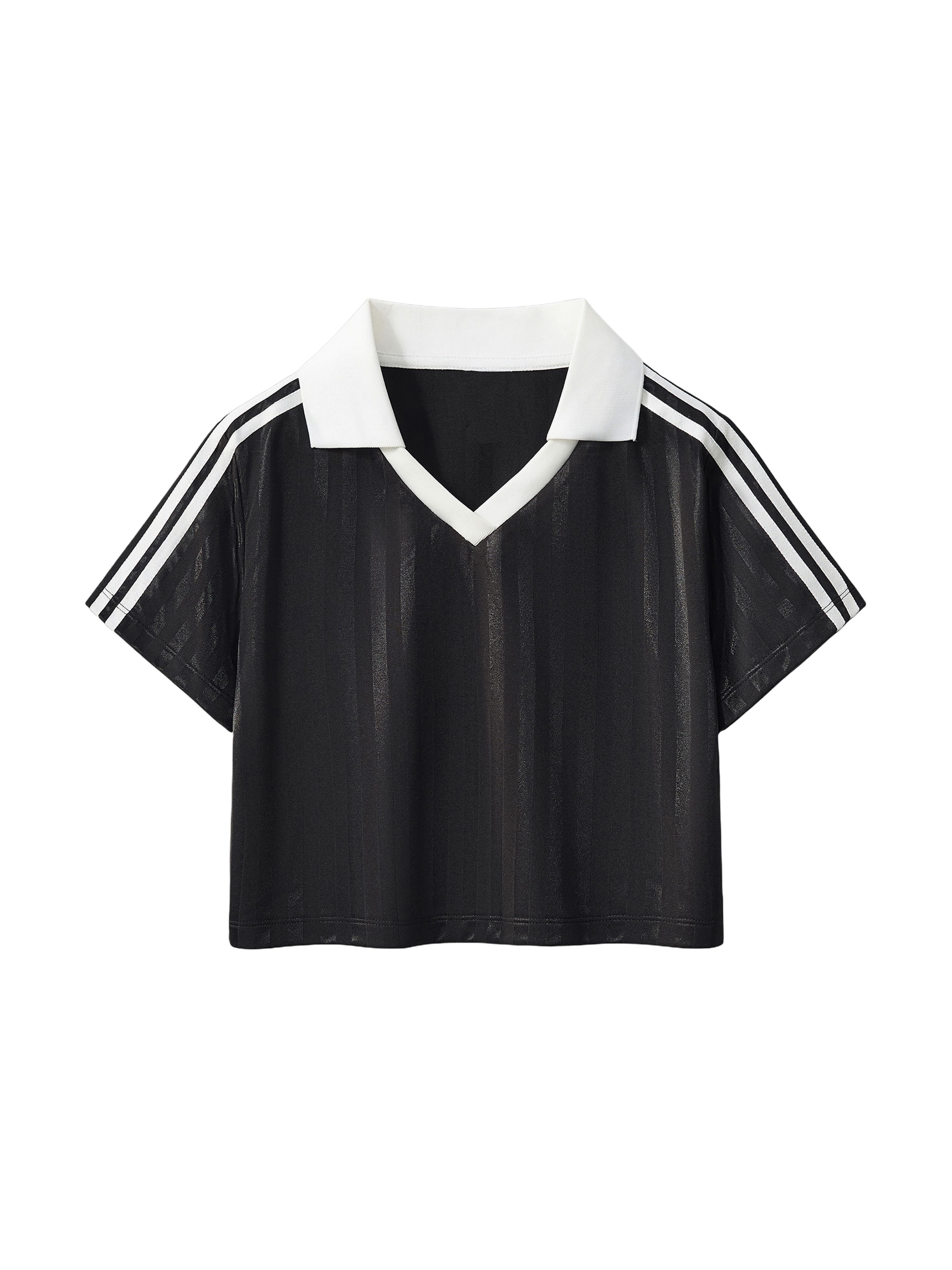 Striped Contrast Collar Cropped Jersey — Black with White