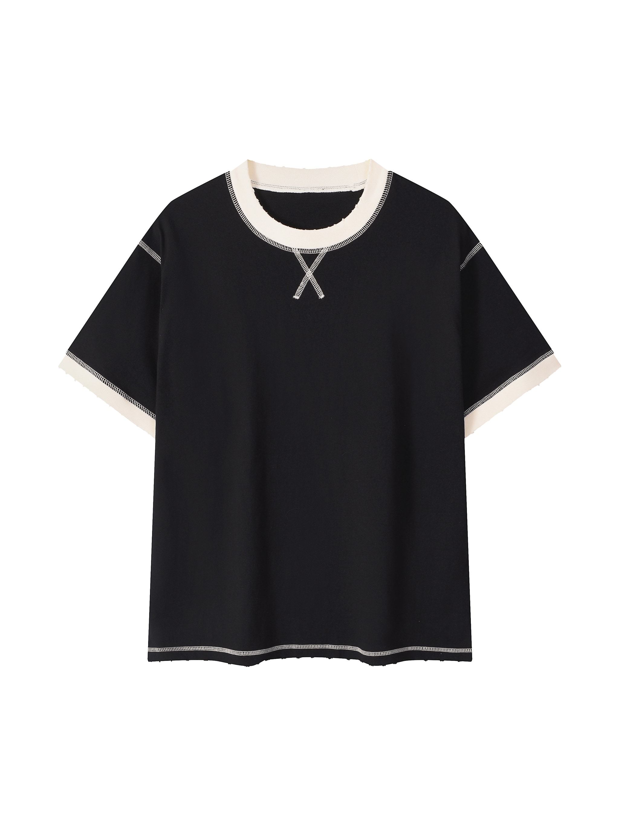Contrast-Stitched T-Shirt — Black with Apricot
