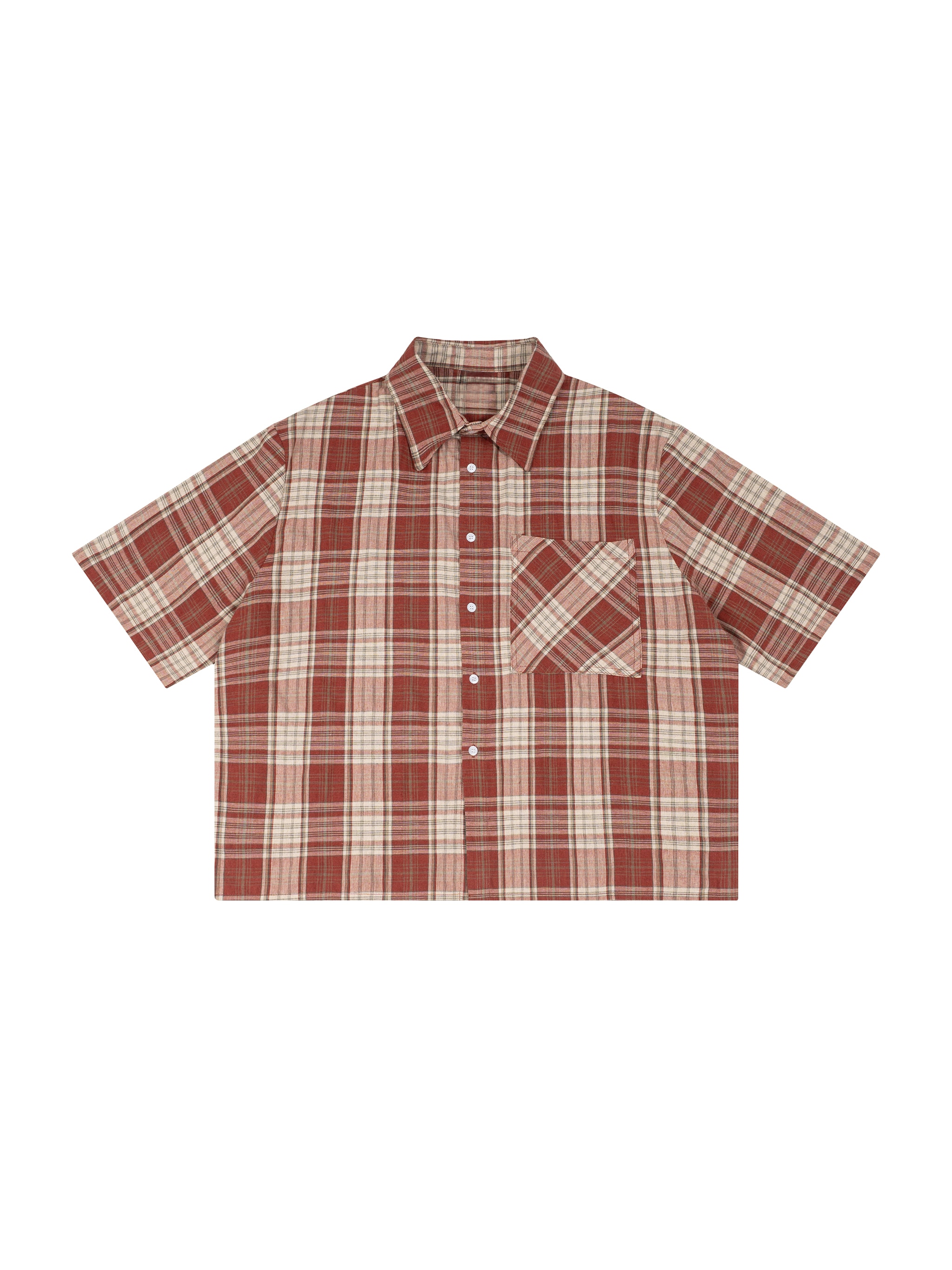 Unisex Plaid Boxy Short Sleeve Shirt — Red with Apricot