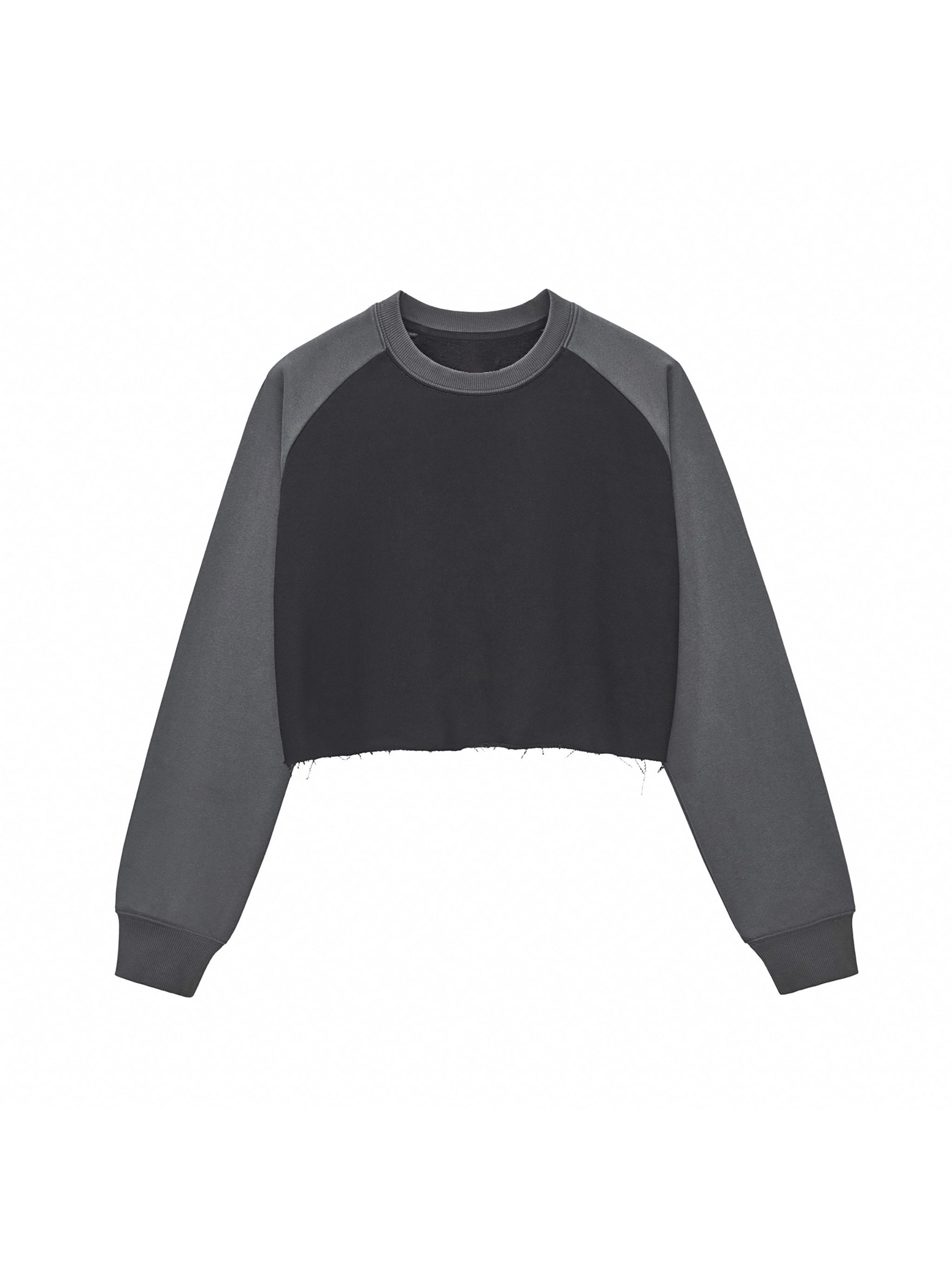 Raw-Hem Color-Block Crop Sweatshirt — Black with Dark Gray