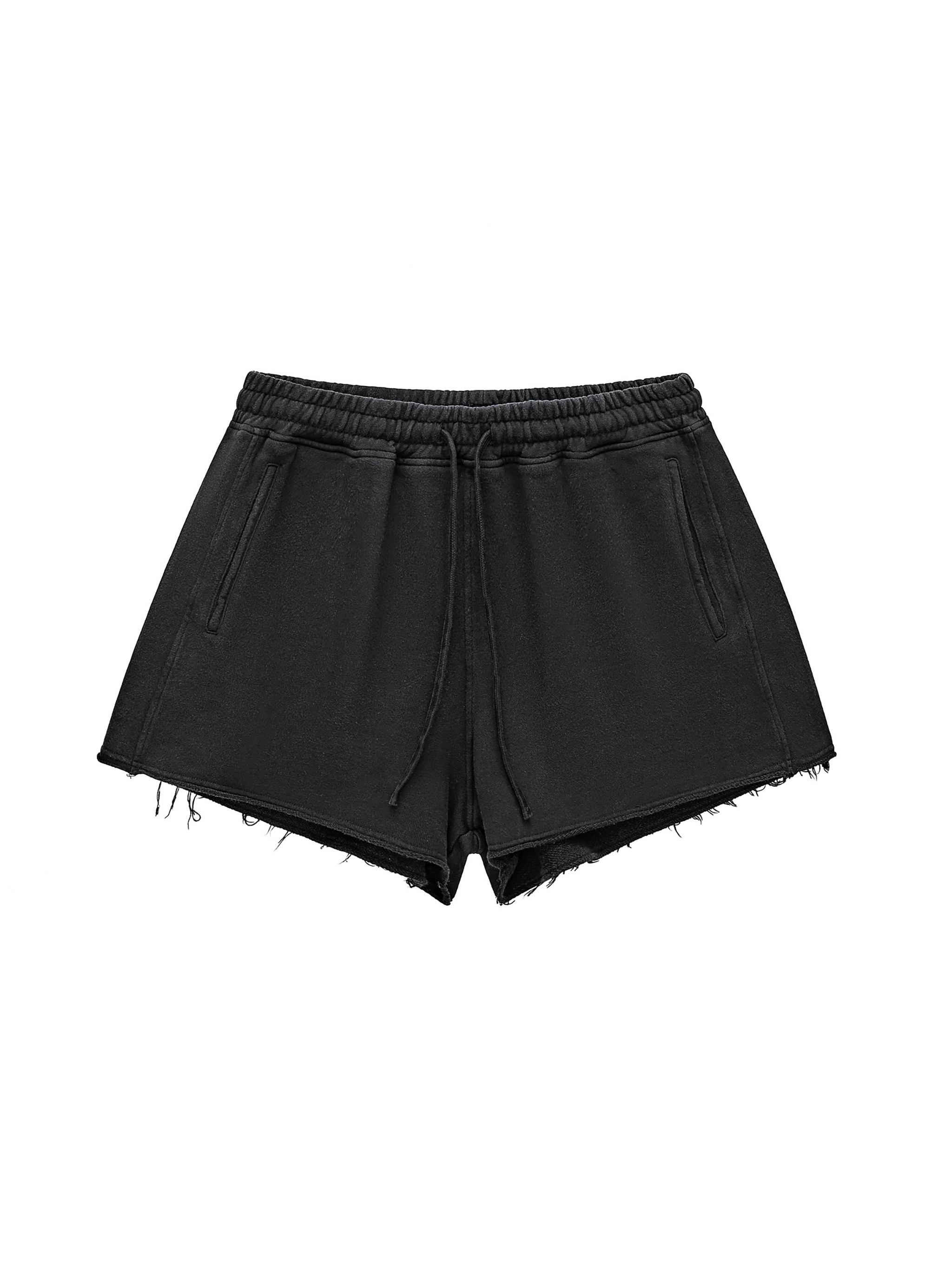 Snow Washed Raw Edge Drawstring Shorts — Black