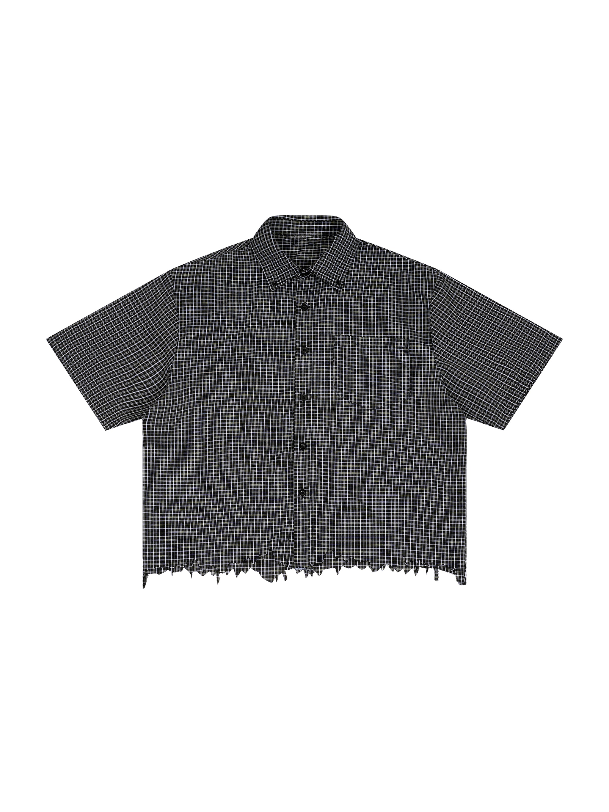 Unisex Distressed Plaid Boxy Shirt — Black