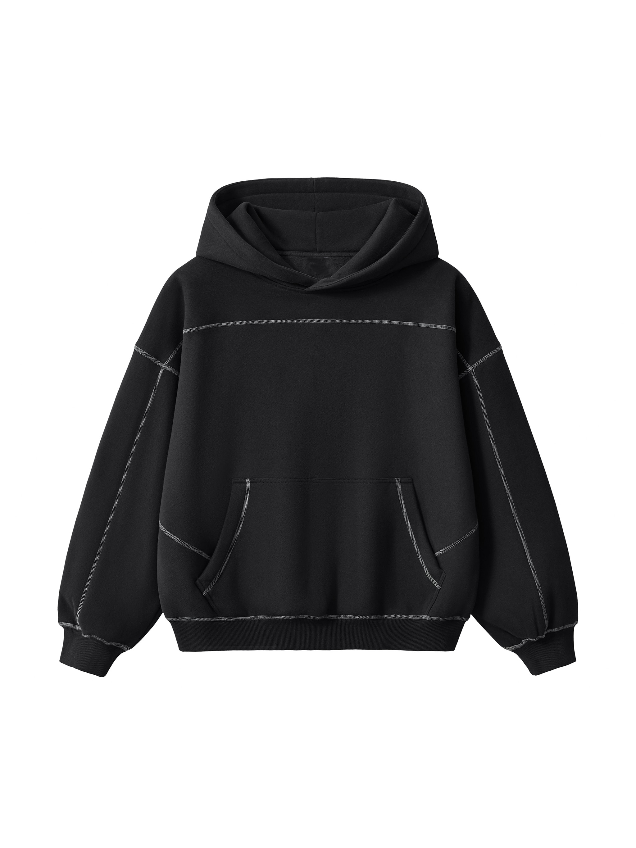 Contrast-Stitched Boxy Fleece Hoodie — Black