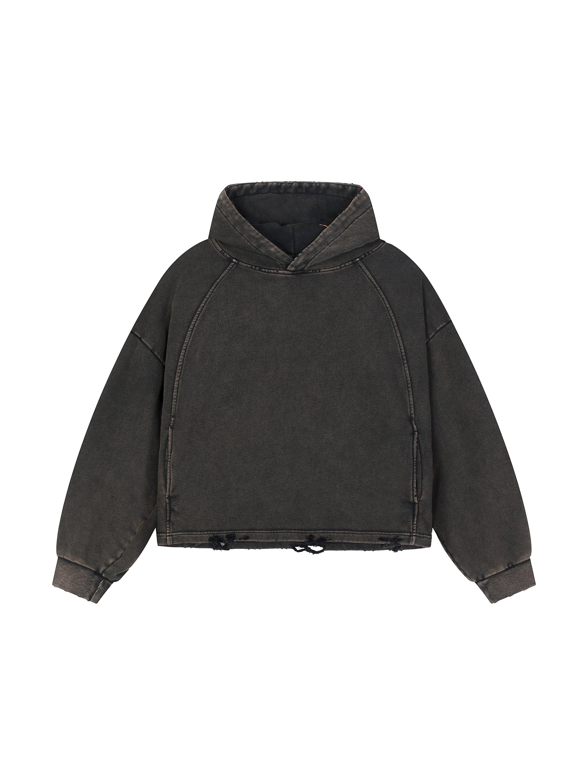 Vintage Washed Frayed-Hem Hoodie — Black