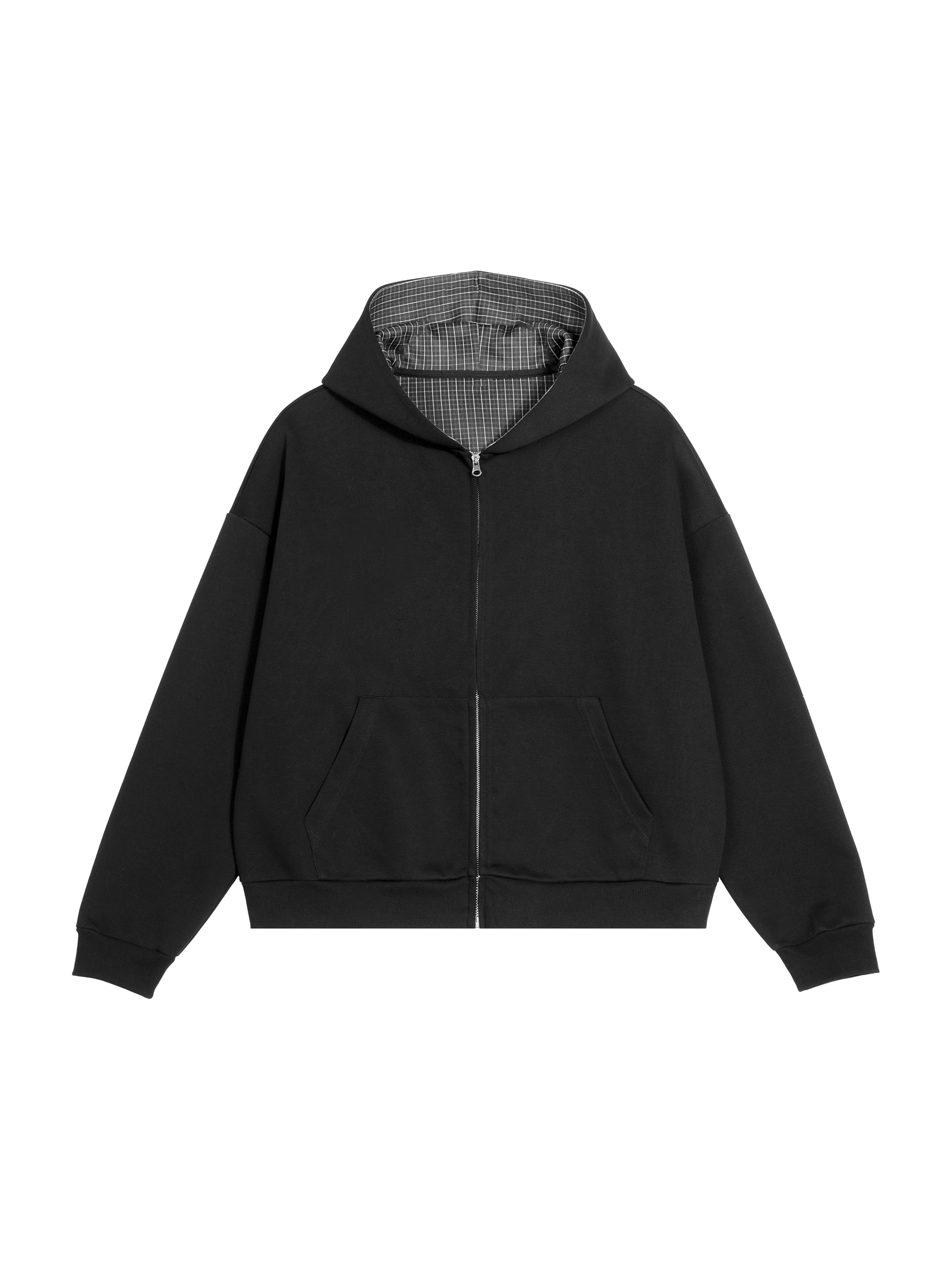 Contrast Plaid Boxy Zip Hoodie — Black