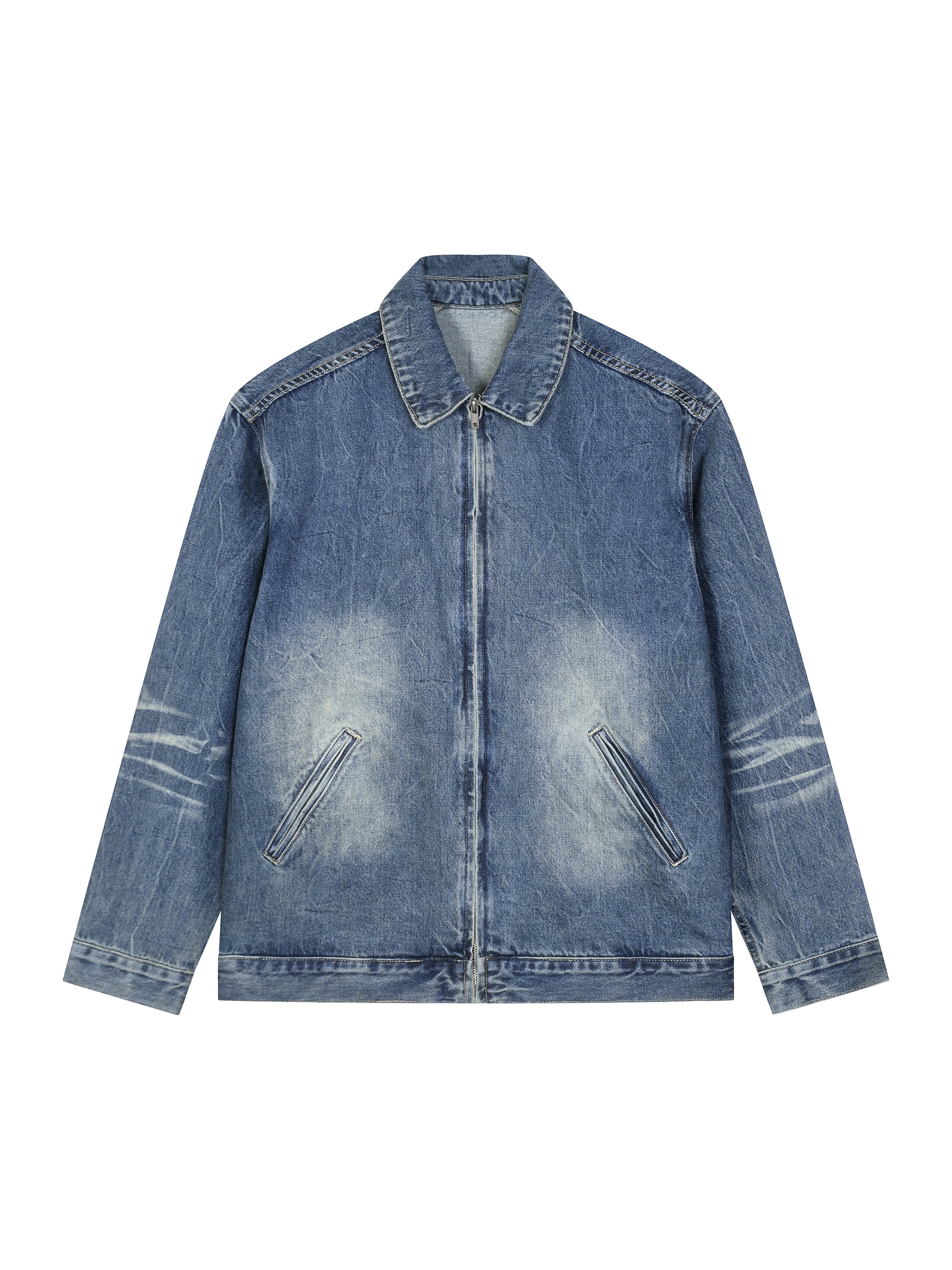 Vintage Wash Zip-Up Denim Jacket — Blue