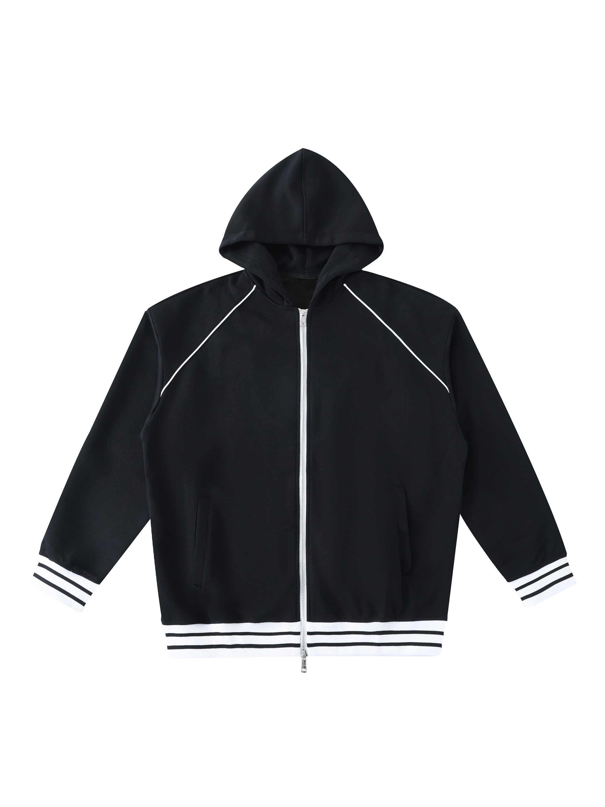 Striped Trim Zip-Up Hoodie — Black