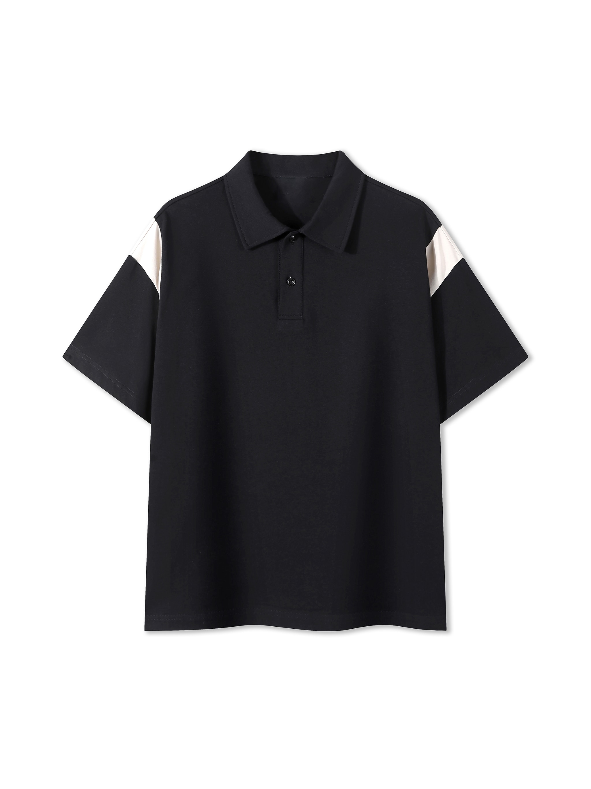 Contrast Panel Cotton Polo — Black with Beige Camel