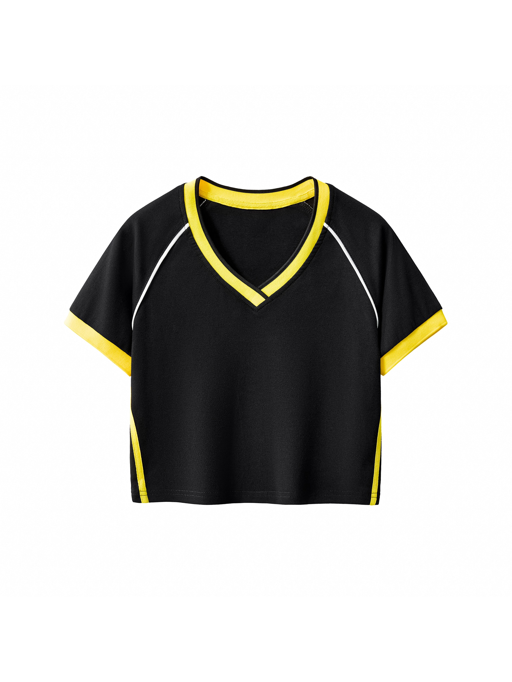 Contrast Trim V-Neck Crop T-Shirt — Black with Yellow