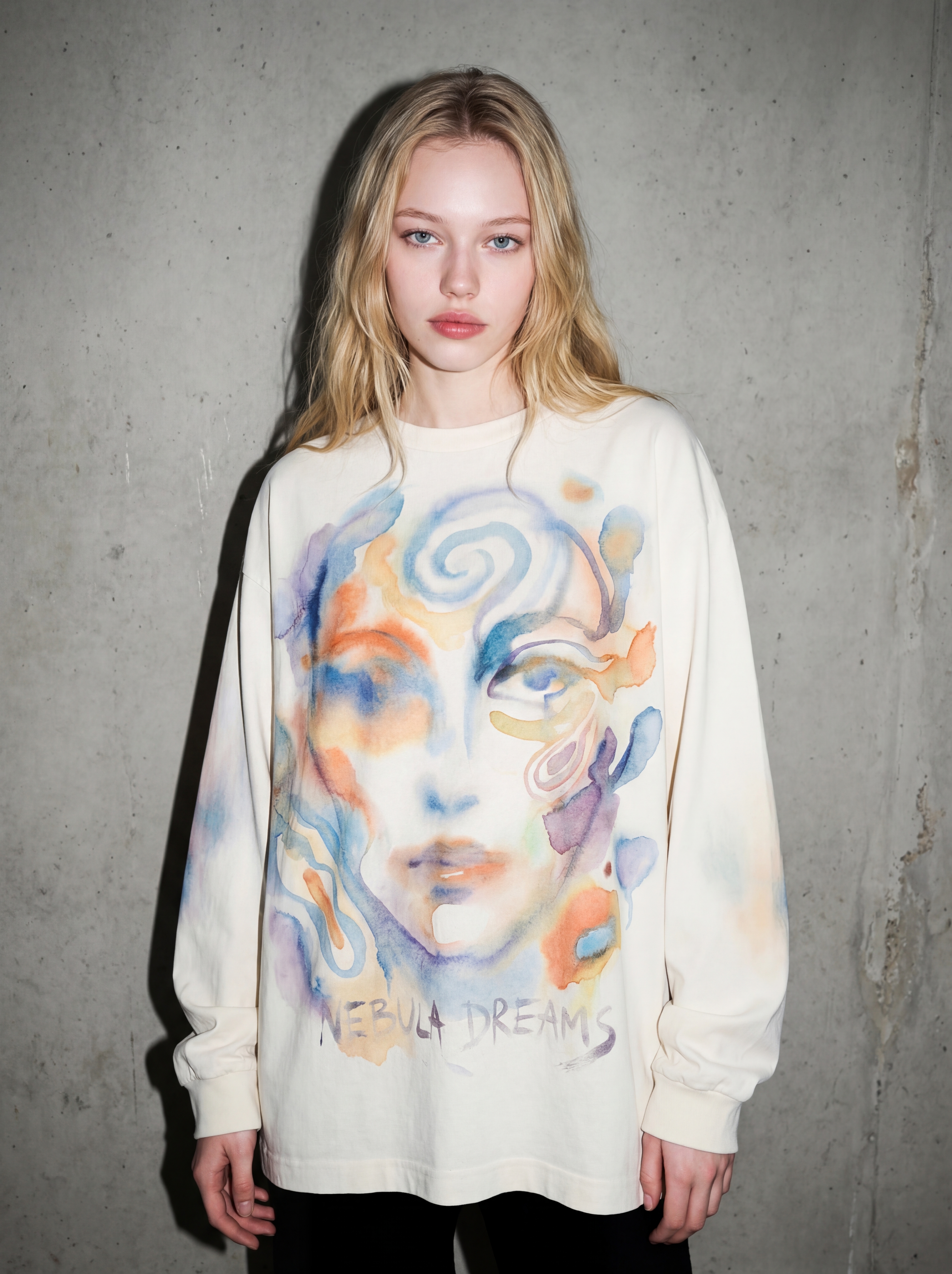 Creator wearing Nebula Dreams graphic long sleeve